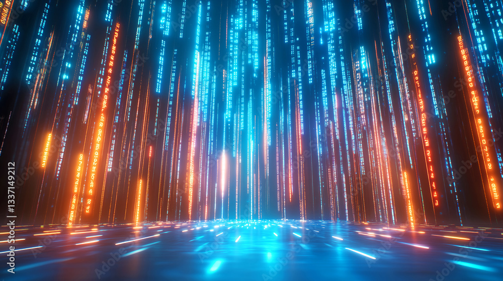 Poster an immersive digital scene features cascading vertical lines of light in blue, orange, and other col