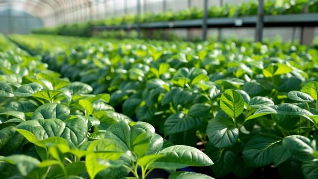 Lush Greenhouse Filled with Thriving Plants Showcasing Vibrant Leaves and Healthy Growth in Sunlit Rows for Optimal Agriculture and Plant Cultivation Environment