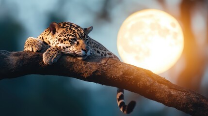 Obraz premium A beautiful representation of a leopard resting gracefully on a tree branch, illuminated by the soft light of the rising moon, encapsulating tranquility in nature.