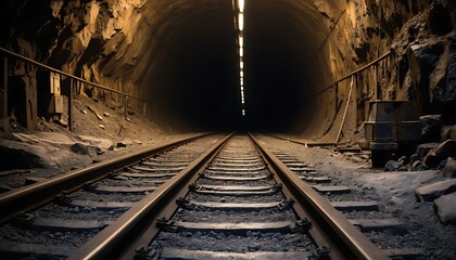 Naklejka premium Railroad Tracks Leading Through a Lit Tunnel Into Darkness Perspective