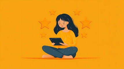 A girl browsing a tablet with stars emerging, illustrating social media feedback, app ratings, and user engagement, ideal for digital marketing, illustrated book style