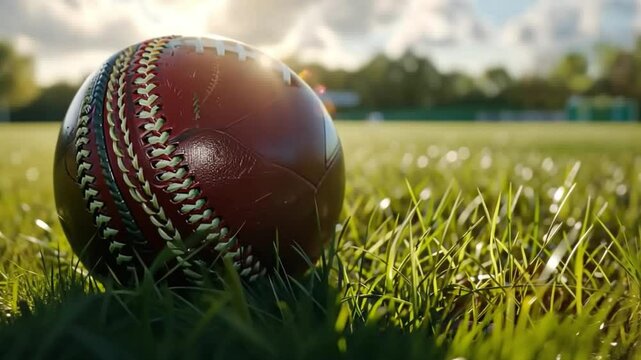 Close up of Leather Baseball with Intricate Stitching on Lush Green Field Under Sunny Sky, Highlighting Texture and Craftsmanship in Serene Outdoor Setting