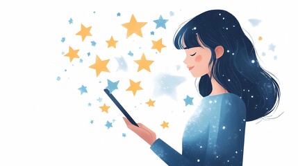 Young woman with a tablet in hand, surrounded by glowing stars, symbolizing positive feedback, ranking systems, and e-commerce reviews, hand-drawn book style