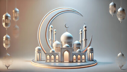 Modern Minimalist 3D Eid Mubarak Design with Mosque  
