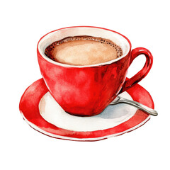 Red Coffee Cup Watercolor Clipart with Soft Brush Stroke Design for Use in Creative Projects and Digital Art