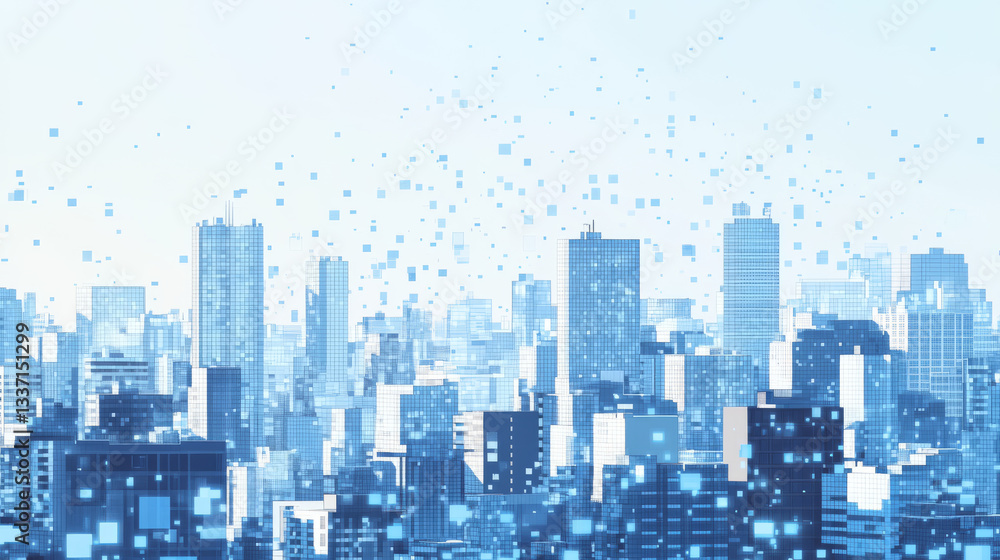 Poster abstract tech city skyline composed of digital pixels and squares in deep blue gradient shades. metr