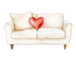 Cozy watercolor illustration of a white couch with a red heart pillow, perfect for lifestyle and home decor themes