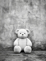A large white teddy bear sits alone against a textured, cracked wall, creating a striking contrast. The simplicity of the bear against the gritty background adds to its charm.