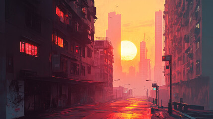 Fototapeta premium Empty morning city street at sunrise. Vector cartoon illustration of modern megalopolis architecture, windows of apartment buildings illuminated by rays of dawn. Beautiful cityscape with skyscrapers
