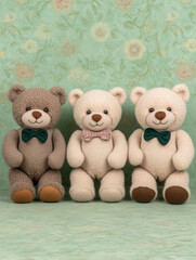 Three adorable teddy bears, each wearing a bow tie, sit in front of a soft floral background. The bears are in different shades of brown and cream, giving a warm, charming vibe.