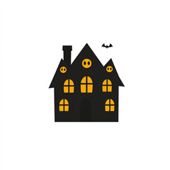 Black silhouette house with glowing orange windows and bat on white background illustration