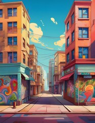 Obraz premium Comic cartoon urban street scene with diverse architectural styles