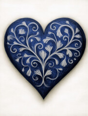 A beautifully detailed blue heart adorned with intricate white floral patterns, creating an elegant and artistic design. The heart stands out against a soft, neutral background.