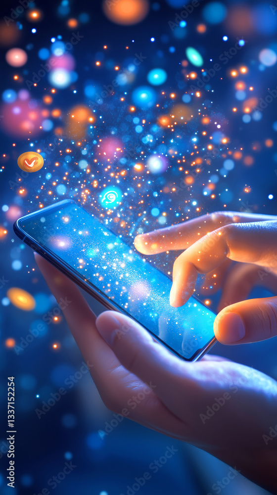 Poster a person interacts with a smartphone in a dimly lit environment, with colorful particles and lights 
