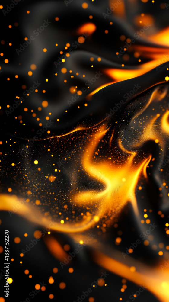 Poster vibrant orange and black abstract design featuring flowing shapes and glowing particles creating a m
