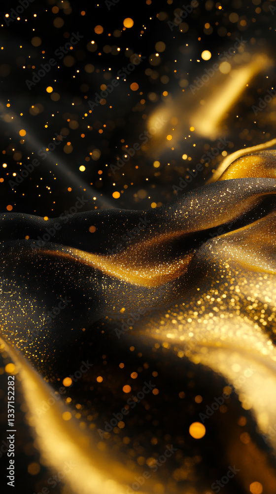 Poster vibrant orange and black abstract design featuring flowing shapes and glowing particles creating a m