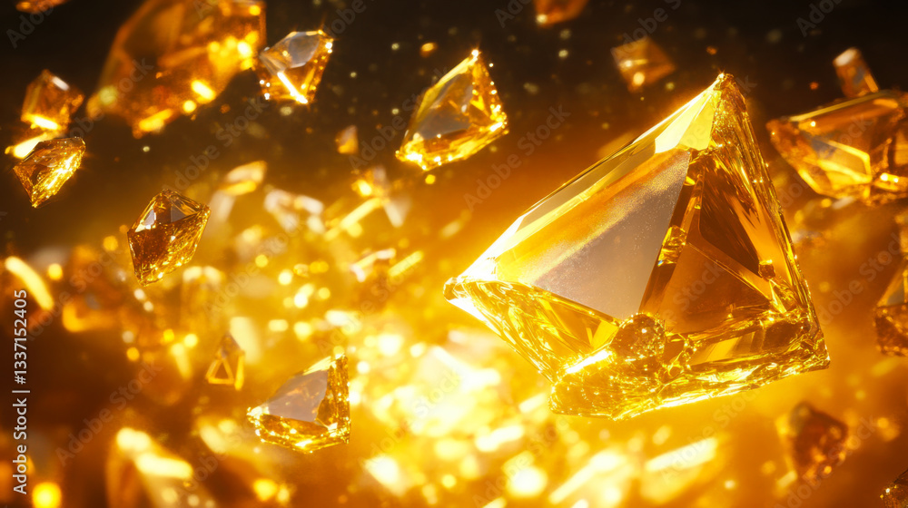 Poster sparkling golden crystals float gracefully in radiant light creating a dazzling visual display in an