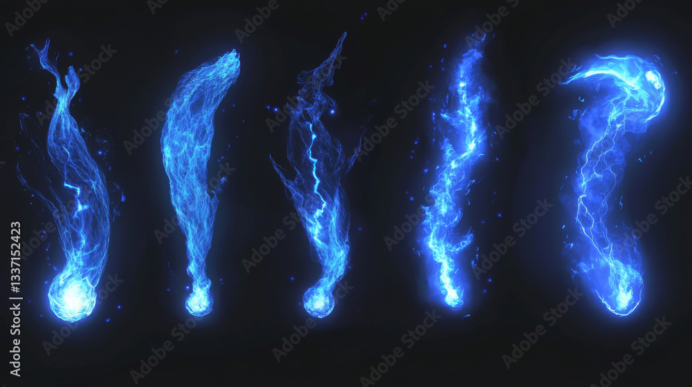 Aufkleber sprite sheet with lightnings, thunderbolt strikes set for game fx animation. vector realistic set of
