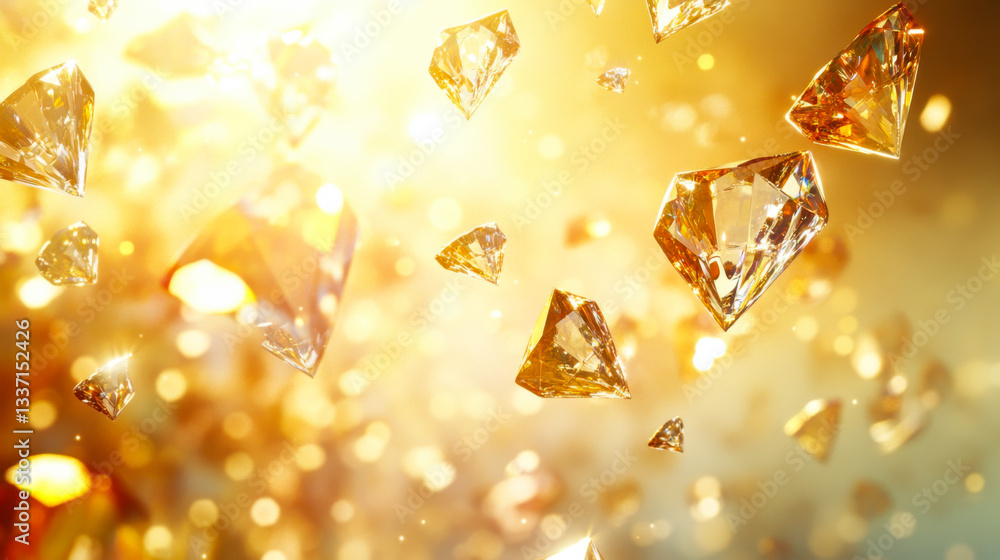 Poster sparkling golden crystals float gracefully in radiant light creating a dazzling visual display in an