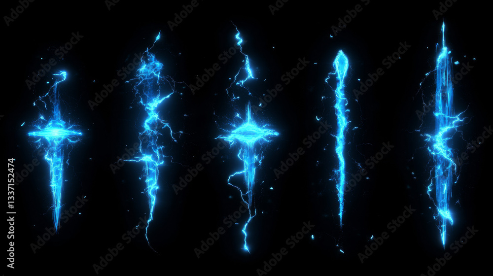 Aufkleber sprite sheet with lightnings, thunderbolt strikes set for game fx animation. vector realistic set of