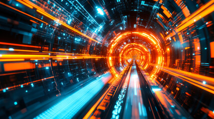 Dynamic light tunnel with vibrant colors and futuristic design showcases rapid movement and energy in a digital landscape