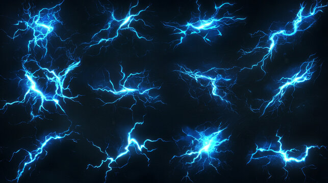 Sprite sheet with lightnings, thunderbolt strikes set for game fx animation. Vector realistic set of blue electric impact at night, sparking discharge of thunderstorm isolated on black background