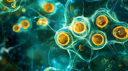 Obraz premium Fungal cell division: microscopic beauty. Biotech Fungi. Illustration