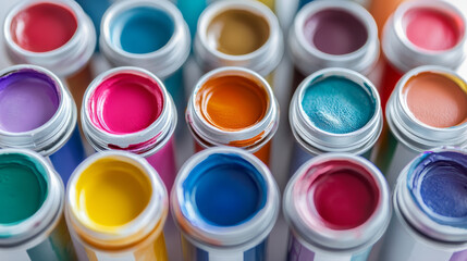 Fototapeta premium Set of paints tubes with blots top view, colorful palette with oil or acrylic dye in metal aluminium bottles with white screw caps isolated on transparent background, Realistic 3d vector illustration