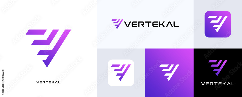 Poster abstract letter v tech logo icon design with dynamic gradient, triangle v with gradient stripes, cre
