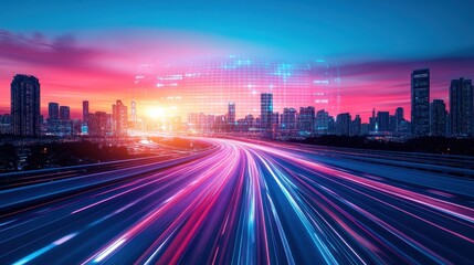 Obraz premium Dynamic urban sunrise on futuristic highway cityscape digital art vibrant environment aerial view