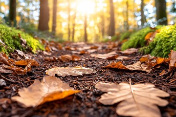 Obraz premium Sunlit autumn forest path strewn with fallen leaves