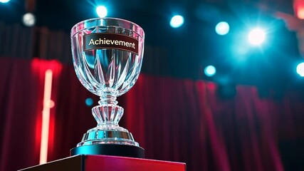 Brilliant glass trophy symbolizing achievement and success illuminated on a stage