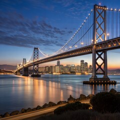 Naklejka premium Golden hour glow over the Bay Bridge and city skyline, bathed in warm, golden light, reflects beautifully on the still water.