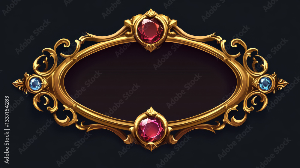 Poster golden fantasy game border ui button frame design. medieval gold metal interface element icon for rp
