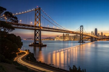 Fototapeta premium Stunning Golden Hour View of the Bay Bridge over San Francisco Bay, A breathtaking vista of the iconic San Francisco-Oakland Bay Bridge at twilight.