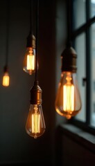 Obraz premium Rustic Edison bulb lamps suspended by exposed black wires in a loft setting , wire, hanging