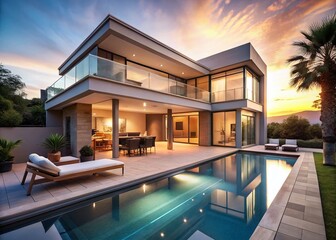 Fototapeta premium Luxury Villa Exterior & Interior: Pool, Living Room, Solarium Design