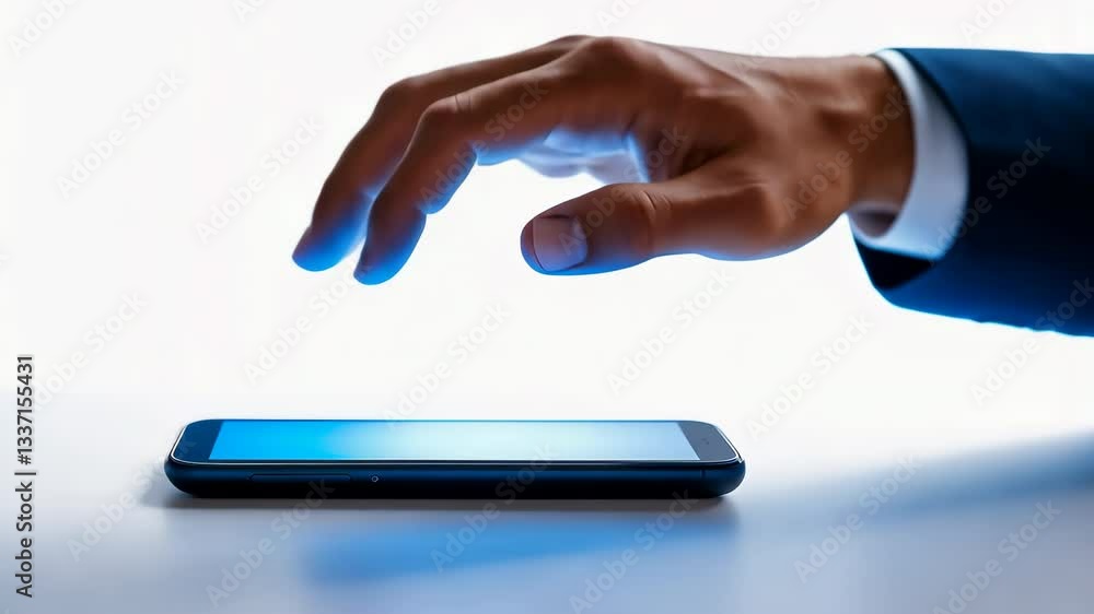 Poster hand reaching for smartphone on table capturing modern technology, connectivity, and interaction wit