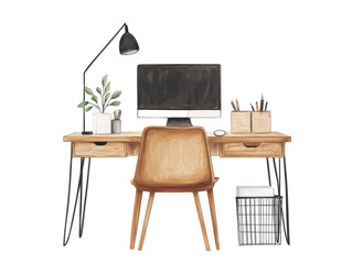 Cozy Digital Illustration of a Stylish Home Office with Desk, Chair, Computer, and Decorative Plants