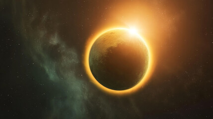 Green planet light glow eclipse in space horizon background. Abstract Earth flare realistic galaxy design. Sunrise shine halo effect. Radial cosmic meteor arch edge and outer starry night sky