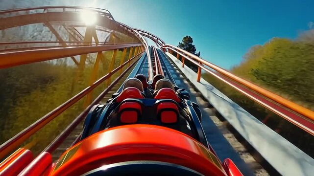 Experience the thrill of a roller coaster ride, capturing speed and excitement on the tracks