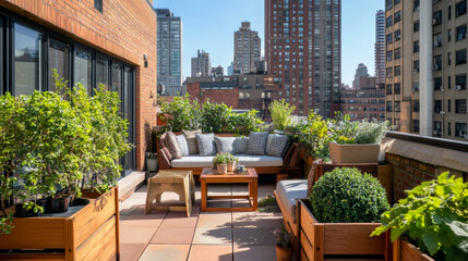 Fototapeta premium Rooftop garden, building terrace with green plants and furniture for relax. Vector cartoon illustration of modern patio on house roof or balcony with table, chairs, bushes and trees in wooden crates