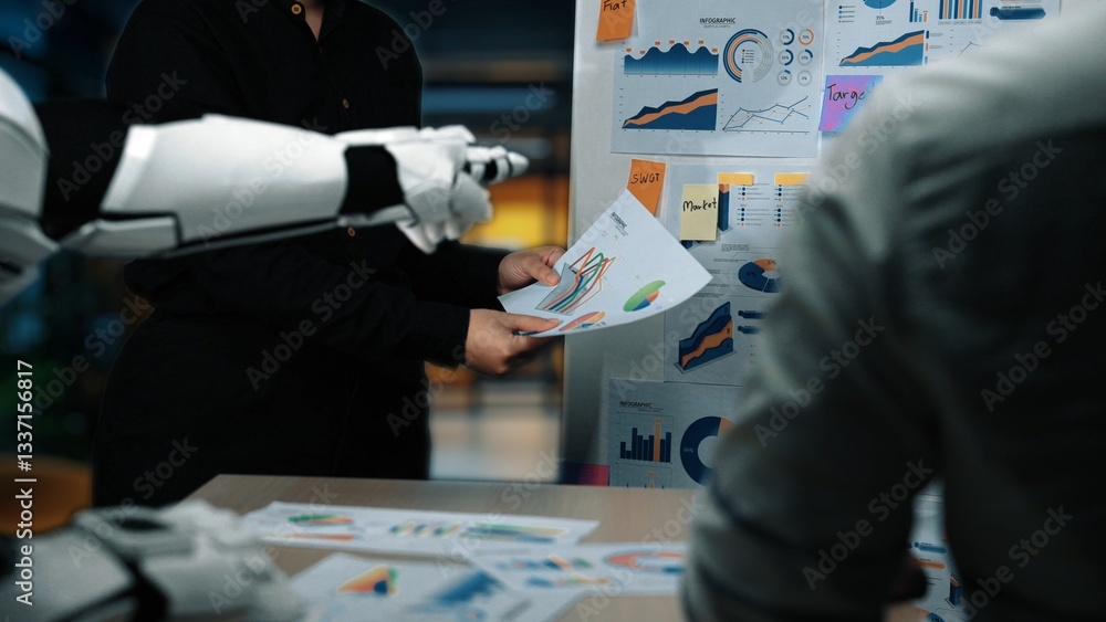 Poster a robot assists a human in a business meeting, analyzing visual data charts and presentation documen