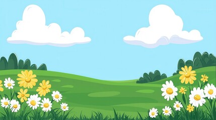Fototapeta premium Idyllic Meadow Landscape with Blooming Daisies Under a Blue Sky