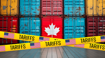 a conceptual illustration of trade tensions between the United States and Canada, featuring shipping containers with a Canadian flag and yellow "Tariffs" tape adorned with the American flag