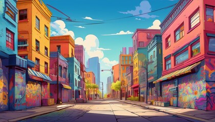 Obraz premium Comic cartoon urban street scene with diverse architectural styles