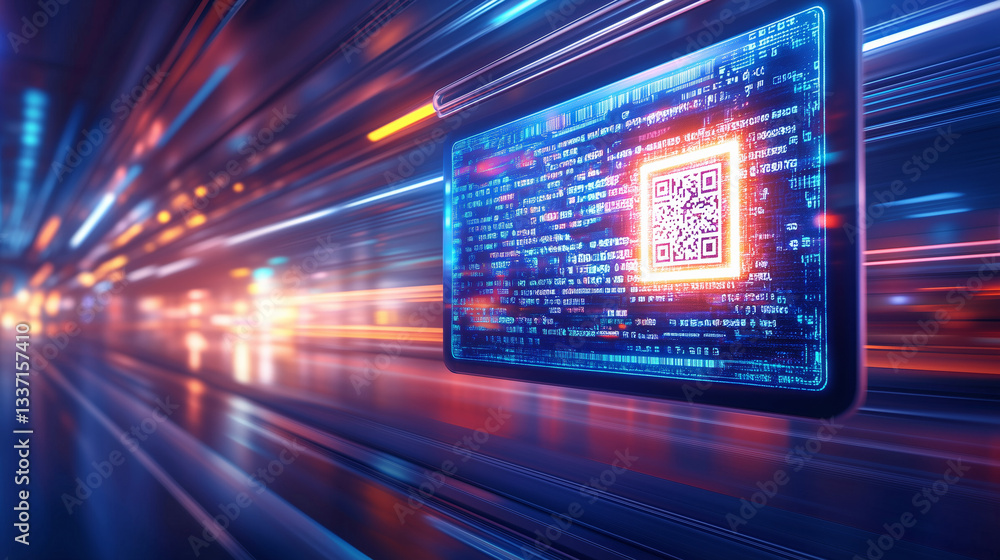 Poster a vibrant digital interface showcases a qr code, surrounded by luminous data streams in a futuristic