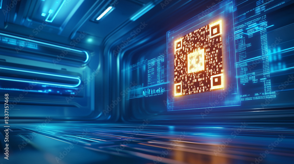 Poster a glowing qr code is highlighted in a high-tech digital setting, surrounded by dynamic blue and oran