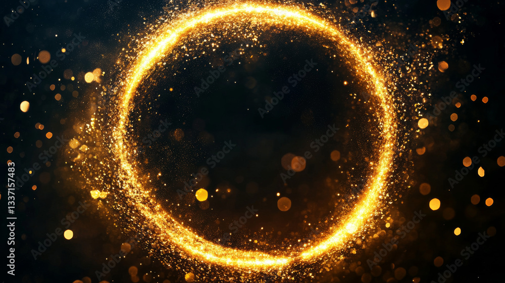Aufkleber golden glowing circle frame with glitter sparkle on black background. realistic vector illustration 
