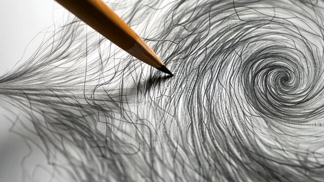 Intricate Pencil Drawing Swirling Patterns on Paper Showcasing Artistic Creativity and Graphite Texture in Close Up View
